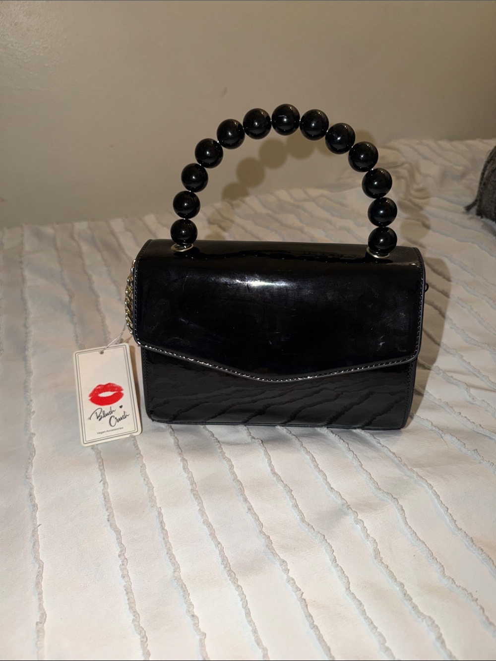 NWT Blush Crush Black Vegan Patent Beaded Handle Top Handle Bag